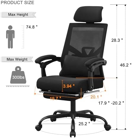 Qulomvs Ergonomic Office Chair with Footrest Home Office Desk Chair with Headrest and Backrest Adjustable Mesh Computer Desk Chair with Wheels 360 Swivel Task Chair - Image 2