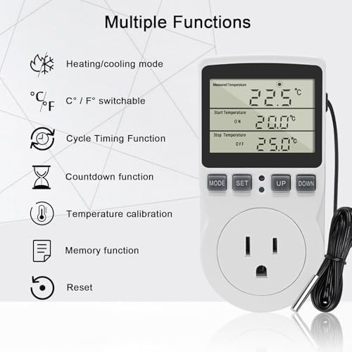 KETOTEK Digital Thermostat Outlet Plug, 120V 15A Temperature Controller with 9.8ft Probe, Heating/Cooling Mode, Celsius/Fahrenheit Display, for Greenhouse Reptile Fermentation - Image 2