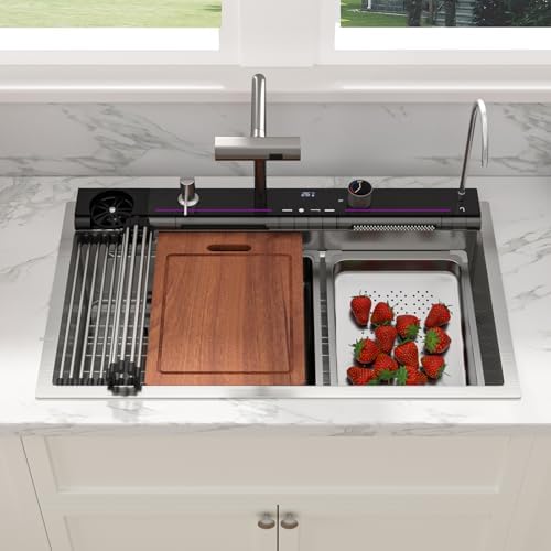 Sarlai 30 Inch Waterfall Kitchen Sink - 30x19 Inch Drop In Workstation Sink With Waterfall Stainless Steel 16 Gauge Multifunction Single Bowl Top Mount Kitchen Sinks with HoneyComb Finish - Image 2