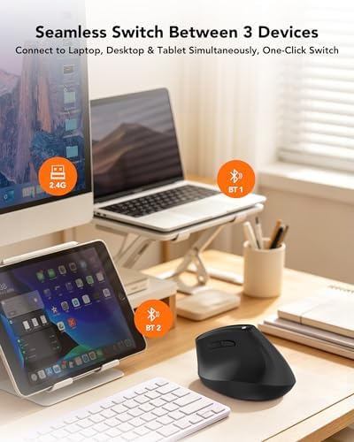 KYSONA Ergonomic Mouse Wireless, Bluetooth Vertical Mouse, 5-Level Adjustable DPI, 2.4G Silent Switch Mice for Windows, MacOS, IPadOS, Laptop, PC, Black - Image 5
