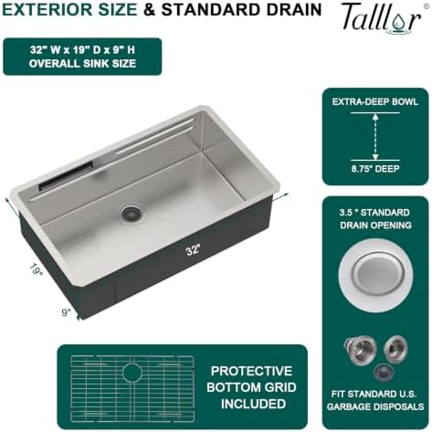 32x19" Undermount Kitchen Sink with Faucet, SS304 Waterfall Sink - Image 3