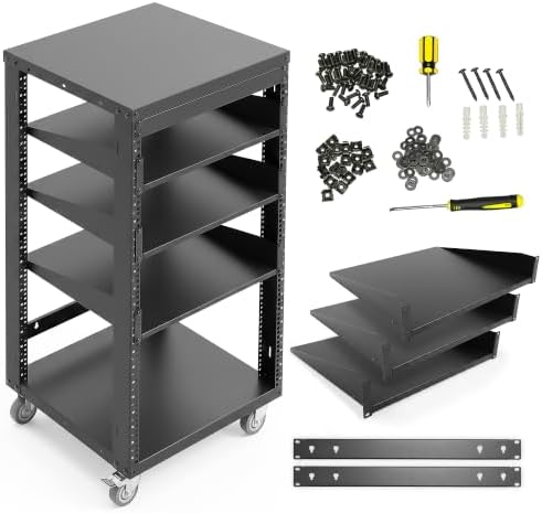 AxcessAbles 22U Open Frame Network & AV Rack with Caster Wheels, Three 2U Shelves, 10-32 & Cage Nut Compatible Rails, Cage Nuts, Screws, Cage Nut Tool & Wall Mount Kit | 19-Inch Equipment Rack by AxcessAbles