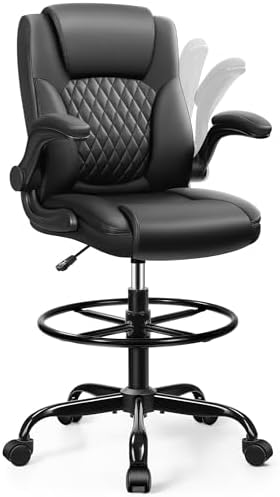 Drafting Chair, Tall Office Chair for Standing Desk, High Executive Leather Ergonomic Computer Chair with Adjustable Height and Flip-Up Armrest for Counter Height Desk, Black, Pack of 1 by BrickAttic