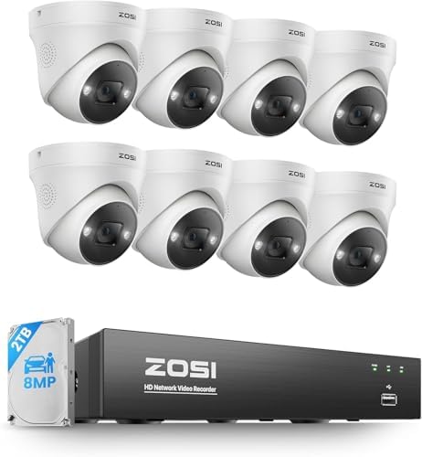 ZOSI 4K POE CCTV Security Camera System,8pcs 4K POE Camera with AI Person Vehicle Detection, 8 Ports 16CH 8MP NVR with 2TB HDD for 24/7 Recording,Color Night Vision, Sound Light Alarm, Two-Way Audio by ZOSI