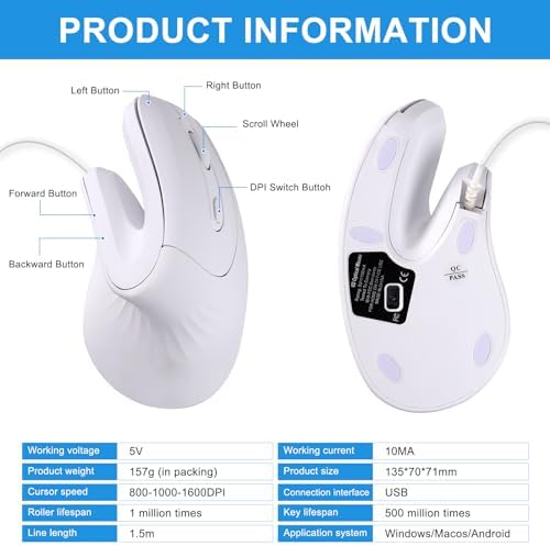 HXMJ-Vertical Mouse Wired,USB Ergonomic Optical Mice,Silent Click,Right Handed-White - Image 7