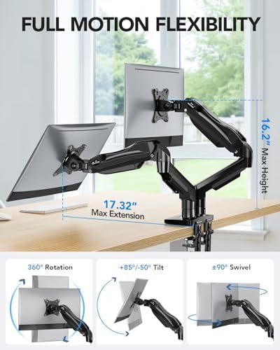 HUANUO FlowLift™ Dual Monitor Stand, Fully Adjustable Gaming Monitor Desk Mount for 13–30″ Computer Screens, Full Motion VESA 75x75/100x100 with C-Clamp & Grommet Base, Each Arm Holds 4.4 to 19.8 lbs - Image 5