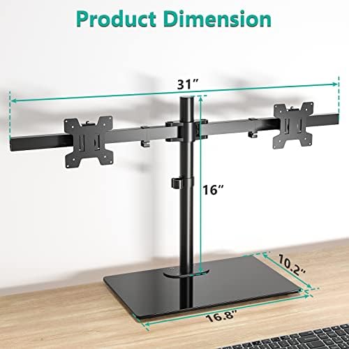 WALI Free Standing Dual Monitor Stand, Height Adjustable Monitor Mount with Glass Base, Fits LCD LED Flat Curved Screen up to 32 inch, 22lbs, with Grommet Base (GMF002) - Image 4