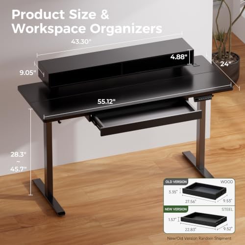 GTPLAYER Electric Standing Desk with Drawers, 55 x 24 Inch Height Adjustable Gaming Desk with Monitor Stand, Power Outlets & LED Lights, Home Office Sit Stand Up Desk with Memory Preset (Black) - Image 2
