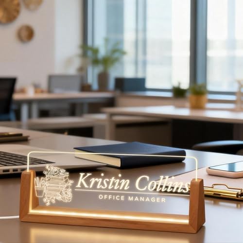 Personalized Light Up Acrylic Desk Name Plate - Custom Name Plate for Desk with Walnut Wood Base - Appreciation Office Gifts for Employees, Teacher, Social Worker (Textbook) - Image 2
