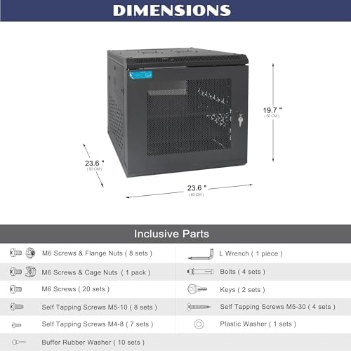 9U Wall Mount Server Cabinet with A Lockable Front Vented Door, Cooling Fans, Removable Side Panels - 60cm Depth, 19" Network Rack Including 2 PCS Full-Size Rack Shelves for IT Equipment - Image 2