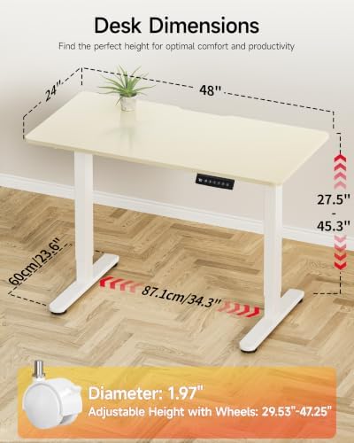 Okin Standing Desk Electric Adjustable Computer Whole Piece Stand up Desk with Wheels Office Gaming Home Office Memory Desks 48x24 inches Cream Brown - Image 3