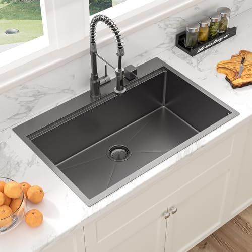 Sarlai 33 Black Kitchen Sink Drop In - 33" x 22" Kitchen Sink Drop In Workstation Topmount Gunmetal Black Stainless Steel 16 Gauge Single Bowl Over Counter Sinks Basin - Image 5