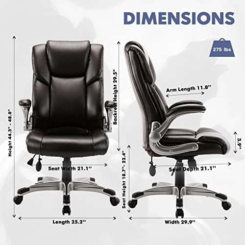 COLAMY Leather Executive Office Chair- High Back Home Computer Desk Chair with Padded Flip-up Arms, Adjustable Tilt Lock, Swivel Rolling Ergonomic Chair for Adult Working Study-Brown, Set of 2 - Image 3
