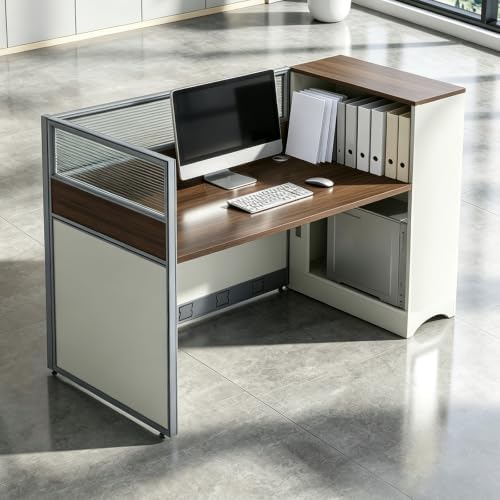 Modular Office Cubicle Workstation Desk with Privacy Panels and Cable Management,Long Computer Desk for Commercial Workspace, Sound Dampening Partition Wall (White+Walnut, 59IN) by UsosidamFoldTables