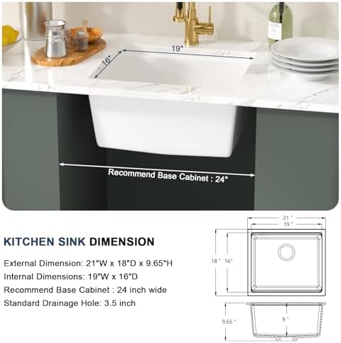 Lordear White Granite Composite Sink 21 Inch Undermount Bar Sink Workstation 21x18 Small Kitchen Quartz Under Counter Wet Single Bowl with Gold Accessories - Image 6