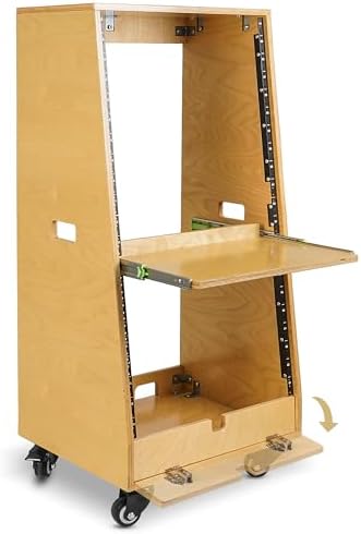 Sound Town DIY Slanted 20U Studio Rack (12U Top + 8U Lower), with 2U Bottom Storage, Slide-Out Tray, Caster, Plywood, Golden Oak for Recording Room, Home Studio (SDRK-ST20T) - Image 4