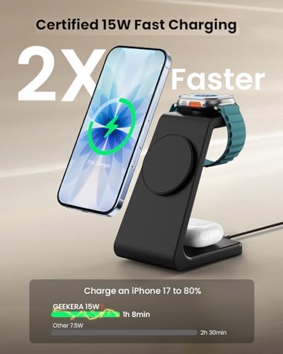 Magsafe Wireless Charging Station for iPhone: 3 in 1 15W Magnetic Portable Desktop Charging Station for iPhone17/16/15/14/13/12 Series, Apple Watch, AirPods 4/3/2/Pro - Image 3