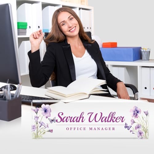 Custom Name Plate for Desk - Desk Name Plate Personalized - Acrylic Office Desk Accessories - Appreciation Gifts for Coworkers Employee Teacher Staff Boss - Office Decor for Women (Purple Flowers F) - Image 3