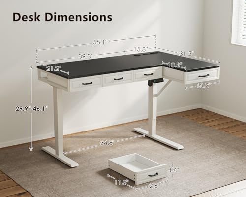 OffiGo 55 Inch L Shaped Standing Desk with 4 Wooden Drawers, White+Black - Image 3