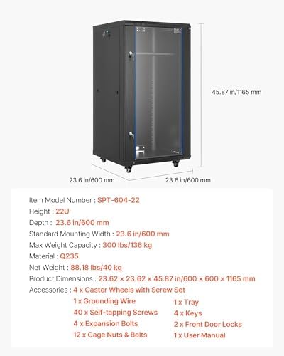 VEVOR 22U Network Cabinet Wall Mount, 23.6 in Depth, 300 lbs Max Load Capacity Server Cabinet Rack Enclosure with Locking Tempered Glass Door, Side Panels, Server Rack for IT Equipment, A/V Devices - Image 7