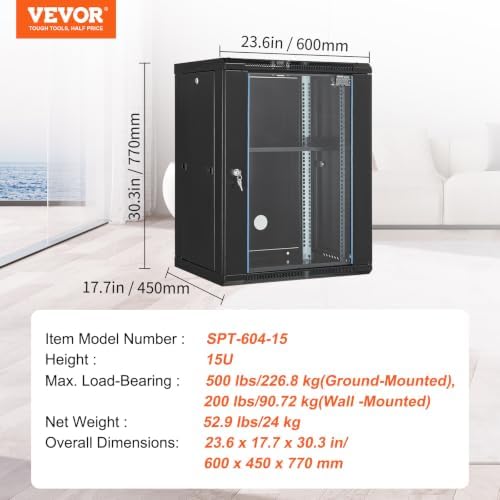VEVOR 15U Wall Mount Network Server Cabinet, 14.8'' Deep, Server Rack Cabinet Enclosure, 500 lbs Max. Ground-Mounted Load Capacity, with Locking Glass Door Side Panels, for IT Equipment, A/V Devices - Image 7