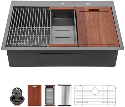 Sarlai 30 Drop Kitchen Sink Black Stainless Steel - 30 x 22 Inch Kitchen Sink Drop In Topmount Ledge Workstation 16 Gauge Gunmetal Black Stainless Steel Single Bowl Over Counter Sinks With Accessories by Sarlai