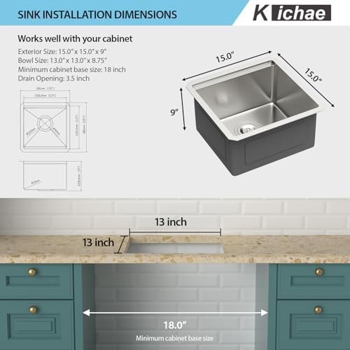 Kichae 15 Undermount Bar Sink Small Stainless Steel 16 Gauge Workstaion - Image 6