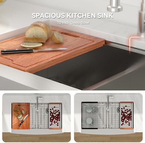 Lordear 33 inch T304 16 Gauge Stainless Steel Farmhouse Kitchen Sink Double Bowl Apron Front Ledge Workstation Low Divide Double Basin 50/50 Farm Style Kitchen Sinks 33x22x9 Inch - Image 4