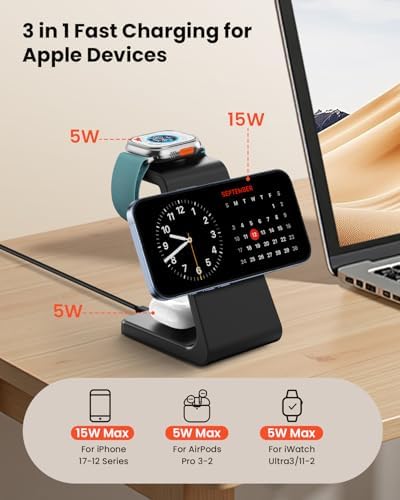 Magsafe Wireless Charging Station for iPhone: 3 in 1 15W Magnetic Portable Desktop Charging Station for iPhone17/16/15/14/13/12 Series, Apple Watch, AirPods 4/3/2/Pro - Image 2