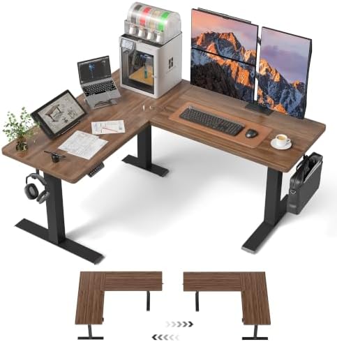 FEZIBO Triple Motors 25mm Tabletop L Shaped Standing Desk, 63" X 55" Electric Standing Gaming Desk Adjustable Height, Corner Stand up Desk with Splice Board, Black Frame/Black Walnut Top by FEZIBO