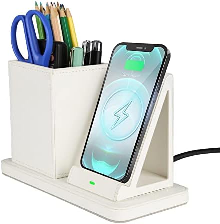 Wireless Charger with Desk Organizer, Wireless Charging Station for iPhone 14/14 Pro/13/12/11/Samsung Galaxy S23/S22/S21/S20/Note 20/Note 10, Charging Stand with Leather, White by LADSTAG