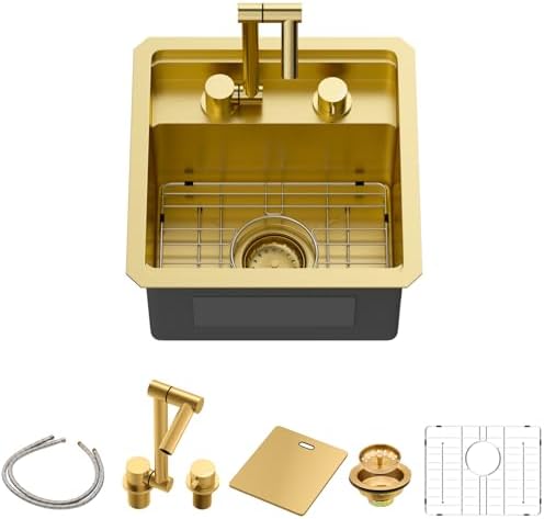 Sarlai Outdoor Sink, 15x15 Inch Gold Undermount Kitchen Sink Workstation with Foldable Faucet Bar Prep Single Bowl Gold Kitchen Sinks16 Gauge Stainless Steel BBQ Sinks with Cover 15"x15"x9" by Sarlai