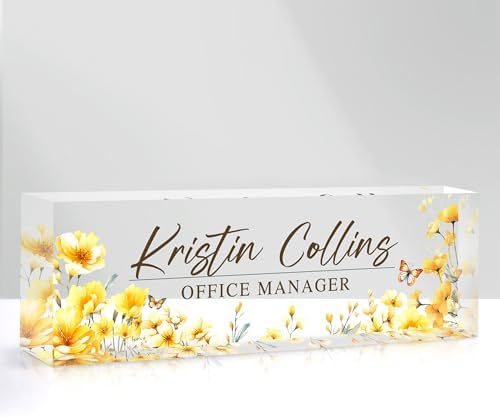 Custom Name Plate for Desk, Personalized Desk Name Plate on Clear Acrylic Glass, Appreciation Gifts for Teacher Employee Boss Coworkers Nurse, Office Desk Accessories for Women Men (Daffodil) by DOCRAGI