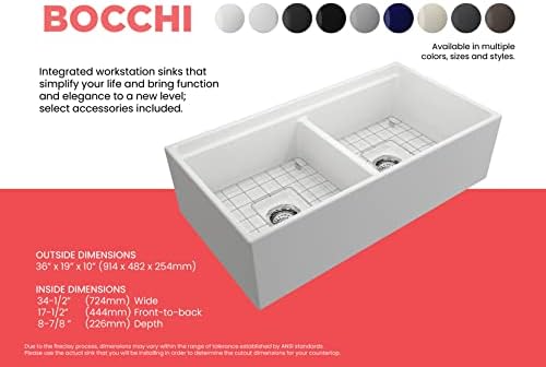 BOCCHI Contempo Workstation Apron Front Step Rim Fireclay 36 in. Double Bowl Kitchen Sink with Accessories in Matte White - Image 4