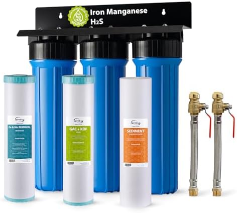 iSpring WGB32B-MKS+AHPF12MNPT16X2 3-Stage Whole House Water Filter System w/ 3/4'' Push-Fit Stainless Steel Hose Connectors, Reduces Iron, Hydrogen Sulfide, Lead, Chlorine, Chloramine, Manganese by iSpring