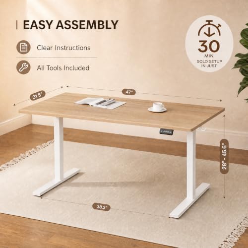 Grandder 47x32 Large Electric Standing Desk, Height Adjustable Computer Desk with 2 Memory Presets, 31.5" Deep Desktop Sit Stand Desk Home Office Desk Workstation Table with Hooks, Maple - Image 3