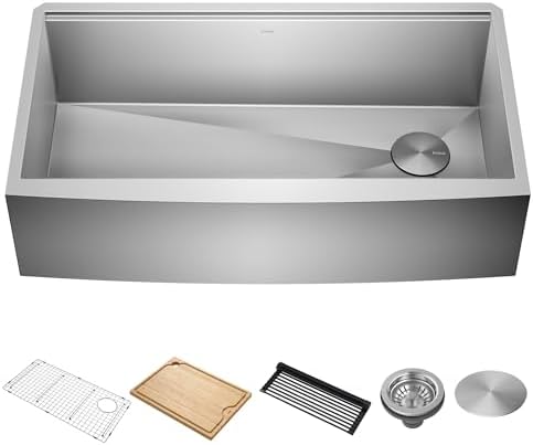 KRAUS Kore 36-Inch Farmhouse Workstation 16 Gauge Single Bowl Stainless Steel Kitchen Sink with Accessories, KWF210-36 by Unknown
