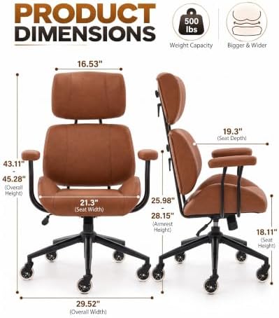 E-Motie Mid-Century Modern Desk Chair, Brown Ergonomic Leather Office Chair - Image 2