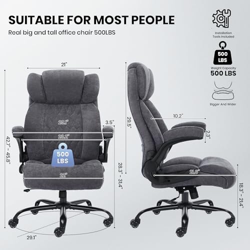 500lbs Big and Tall Office Chair Adjustable Lumbar Support for Back Pain, Extra Wide Seat Executive Office Chair Thick Armrest Pad, Heavy Duty Base&Upgraded Wheels, Ergonomic Desk Chair (Grey) - Image 3
