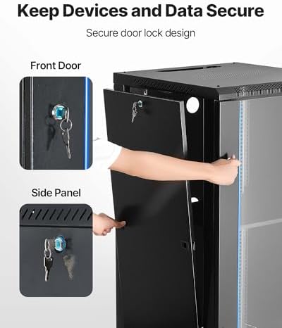 VEVOR 22U Network Cabinet Wall Mount, 23.6 in Depth, 300 lbs Max Load Capacity Server Cabinet Rack Enclosure with Locking Tempered Glass Door, Side Panels, Server Rack for IT Equipment, A/V Devices - Image 5