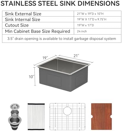 Lordear 21 Undermount Kitchen Sink -21x19 Inch Undermount Bar Sink Stainless Steel 16 Gauge Ledge Workstation Handmade RV Camper Mobile Home Kitchen Sink Basin with Full Cover Cutting Board - Image 4
