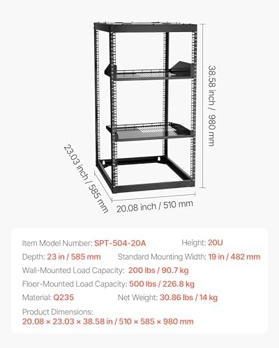 VEVOR 20U Open Frame Network Rack, 23 in Depth, Wall Mounted or Floor Standing Server Rack, Heavy Duty 4 Post, with Vented Shelves & Mounting Hardware, Holds All Your Networking IT Equipment AV Gear - Image 7