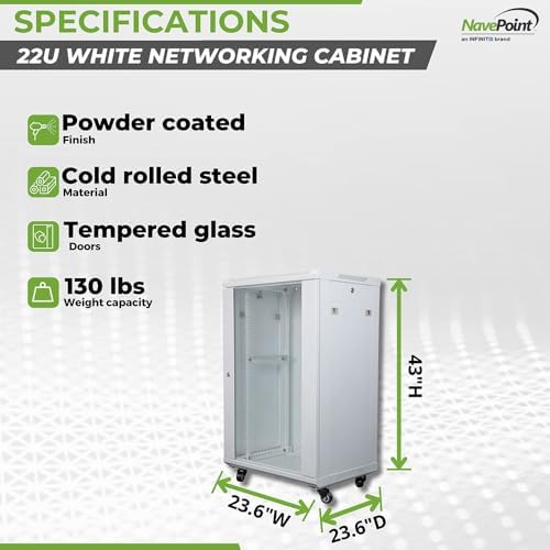 NavePoint 22U Network Cabinet with Glass Door – 22U Wall Mount Server Cabinet White 19” Rack for IT Equipment, AV Devices, Networking Equipment –23” Deep Server Rack Enclosure w/Wheels - Image 4