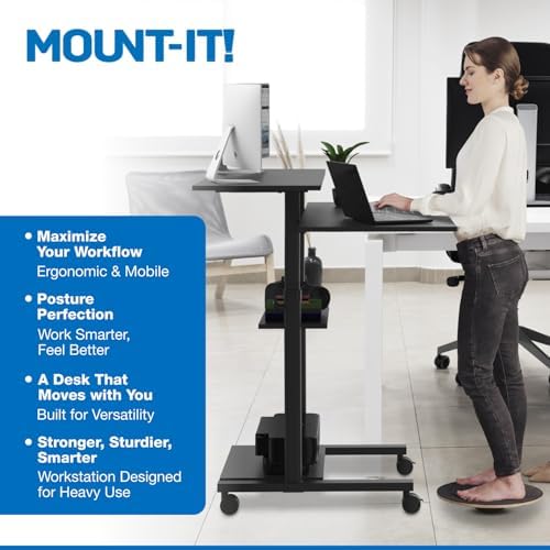 Mount-It! Mobile Desk Workstation 40 Inch Wide Large Rolling Computer Desk is Height Adjustable to 64 Inches, Sit Stand Computer Cart with Multi Level Shelves on Wheels in Black - Image 4