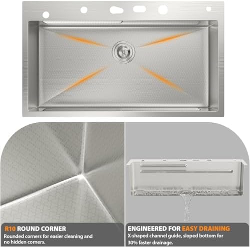 Mocoloo 33 Inch Honeycomb Waterfall Kitchen Sink - 33x19 Inch (Not 22") Drop in Workstation Sink, 16 Gauge Stainless Steel Topmount Single Bowl LED Display Sink with Complete Kit - Image 7