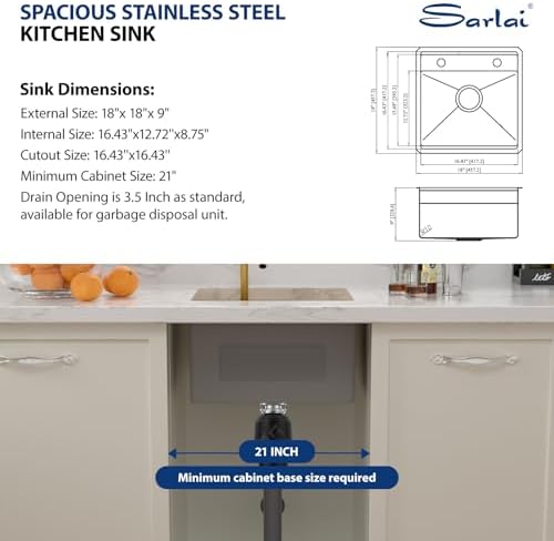 Sarlai Undermount Bar Sink - 18 Inch Gold Undermount Kitchen Sink Workstation with Foldable Faucet 18x18 Inch Outdoor Bar Prep Single Bowl Gold Sinks 16 Gauge Stainless Steel BBQ Basin with Cover - Image 6