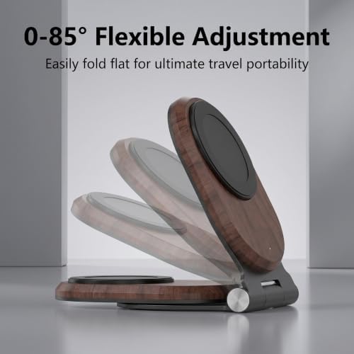 Walnut Wood Foldable Wireless Charger Stand, Magnetic 15W Fast Charging Dock with 0-85° Adjustable Angle, Compatible with MagSafe for iPhone 18/17/16/15/14/13/12 Series, Desk & Nightstand Decor - Image 3