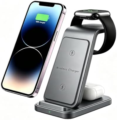 3 in 1 Wireless Charging Station for Multiple Devices, Fast Wireless Charger for iPhone 17/16/15/14/13/12/Pro/Max/Plus/Air,Charger Stand for iWatch Ultra/11/10/9/8 Dark Gray by LONET