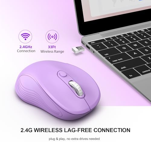 WisFox 2.4G Wireless Mouse for Laptop, Ergonomic Computer Mouse with USB Receiver and Type-C Adapter, 3 Adjustable Levels DPI, 6 Button Mice (Lilac) - Image 2