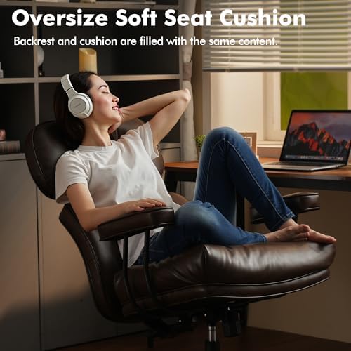 High Back Executive Office Chair with Comfortable Deep Seat,Brown PU Leather Modern Office Chair,Ergonomic Big and Tall Computer Desk Chair with Lumbar Support(Dark Brown) - Image 3